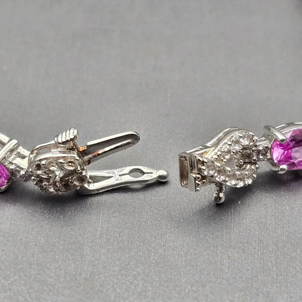 Sterling Silver Pink Sapphire & Quartz Infinity Tennis Bracelet 7.5" Signed SUN - Picture 10 of 14